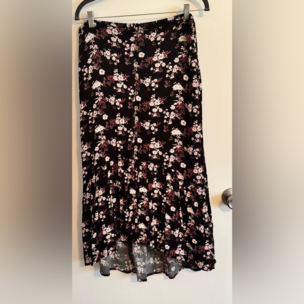 Knox Rose Floral on Black Bohemian Low front Maxi Skirt XL